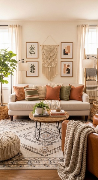 living room furniture, sofa, coffee table, throw pillows, area rug, home decor, lifestyle, calm, warm, neutral, brown